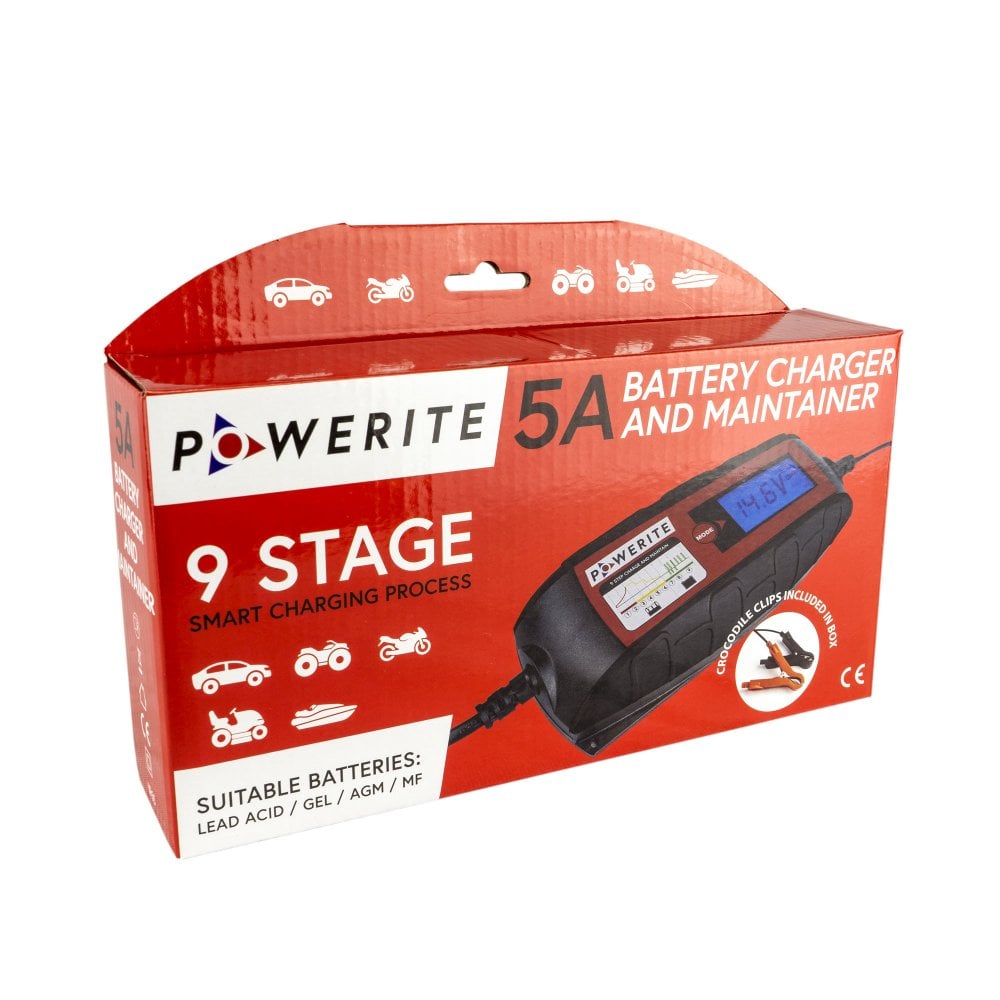 Powerite 5A 6V/12V Smart Battery Charger and Maintainer with Clamps